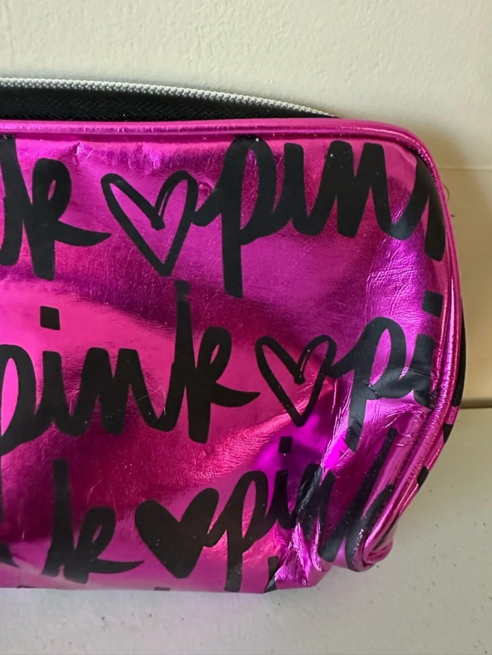 Victoria's Secret Hot Pink Metallic Cosmetic Pouch with Black Script NWOT